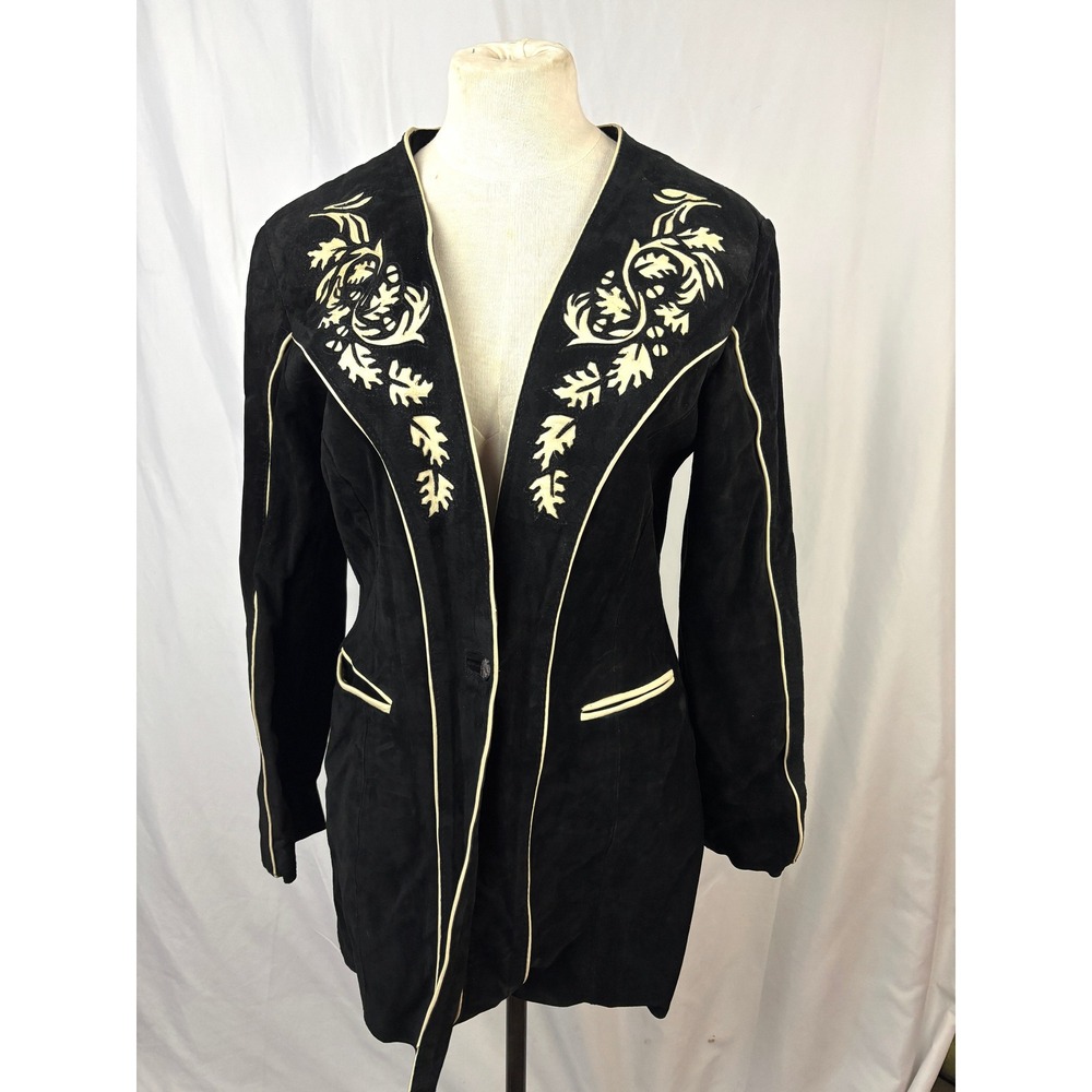 Handmade Suede Jacket Black Western Applique Tailored Vintage OOAK - Picture 15 of 16